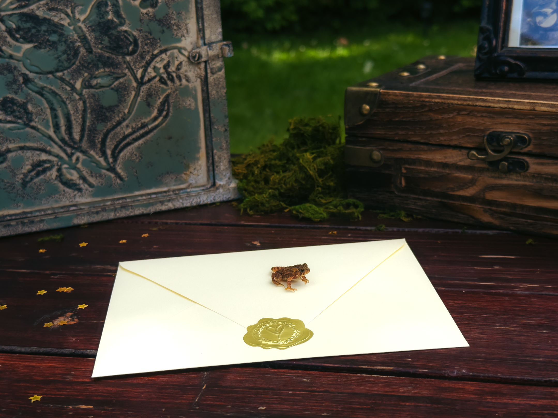 A small frog sits on a cream envelope with a gold wax seal on a dark wooden surface, with a background of a candle holder, moss, and a vintage box.