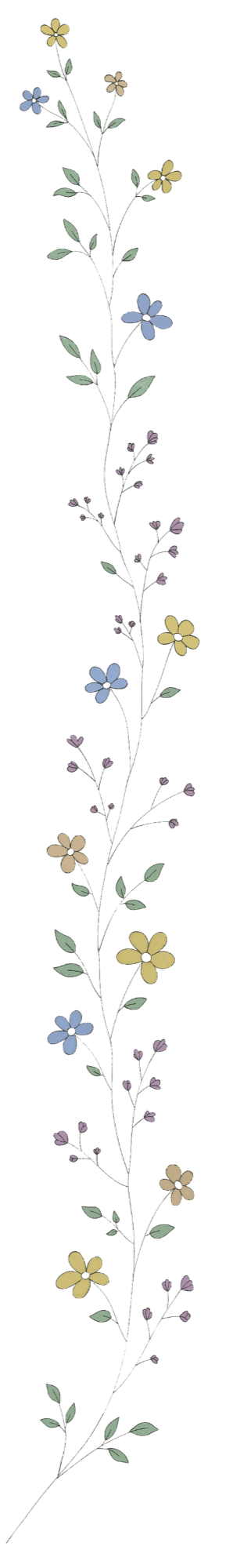 A vertical illustration of a flowering plant with small, pastel-colored flowers in shades of yellow, blue, purple, and pink, along with green leaves.