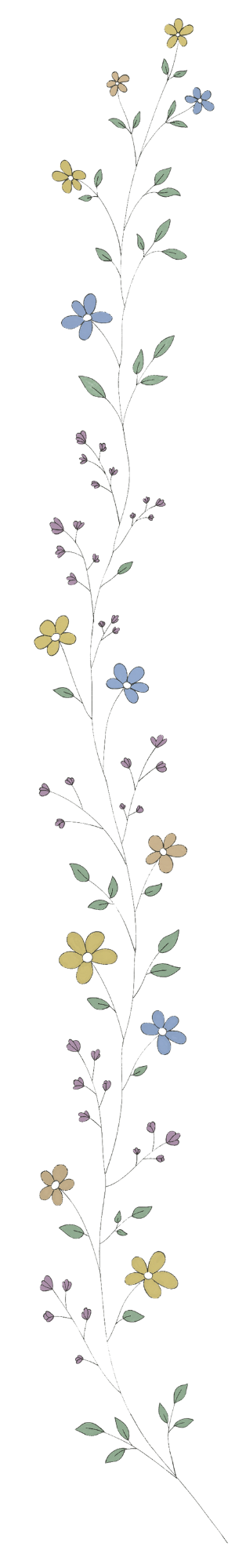 A vertical illustration of a flowering plant with small, pastel-colored flowers in shades of yellow, blue, purple, and pink, along with green leaves.