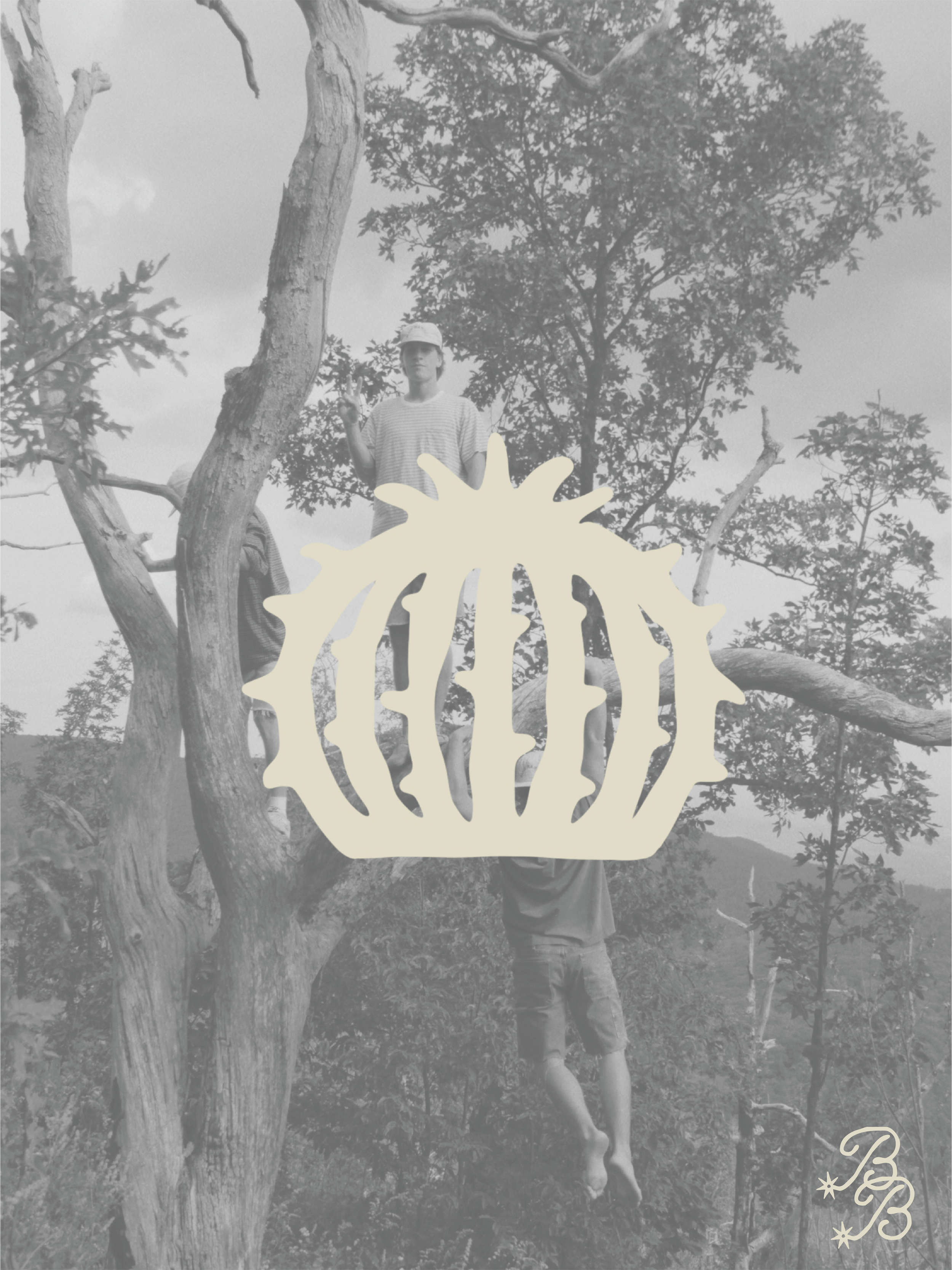 A person standing in front of trees outdoors, making a peace sign with their hand, with a large sunflower illustration overlaying the image, and a small decorative logo in the bottom right corner.