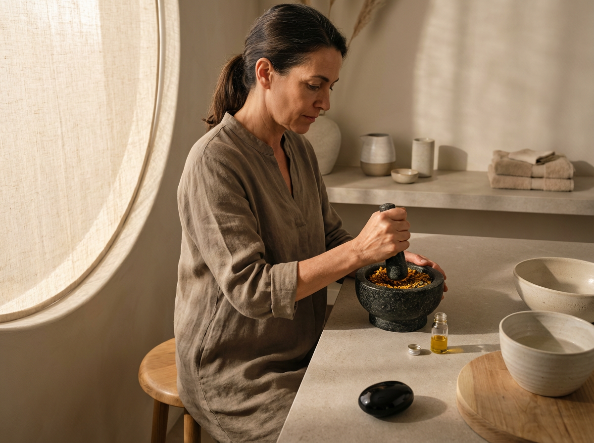 A woman is using a stone mortar and pestle to grind herbs or spices in a kitchen with natural lighting, surrounded by bowls, bottles, and towels.