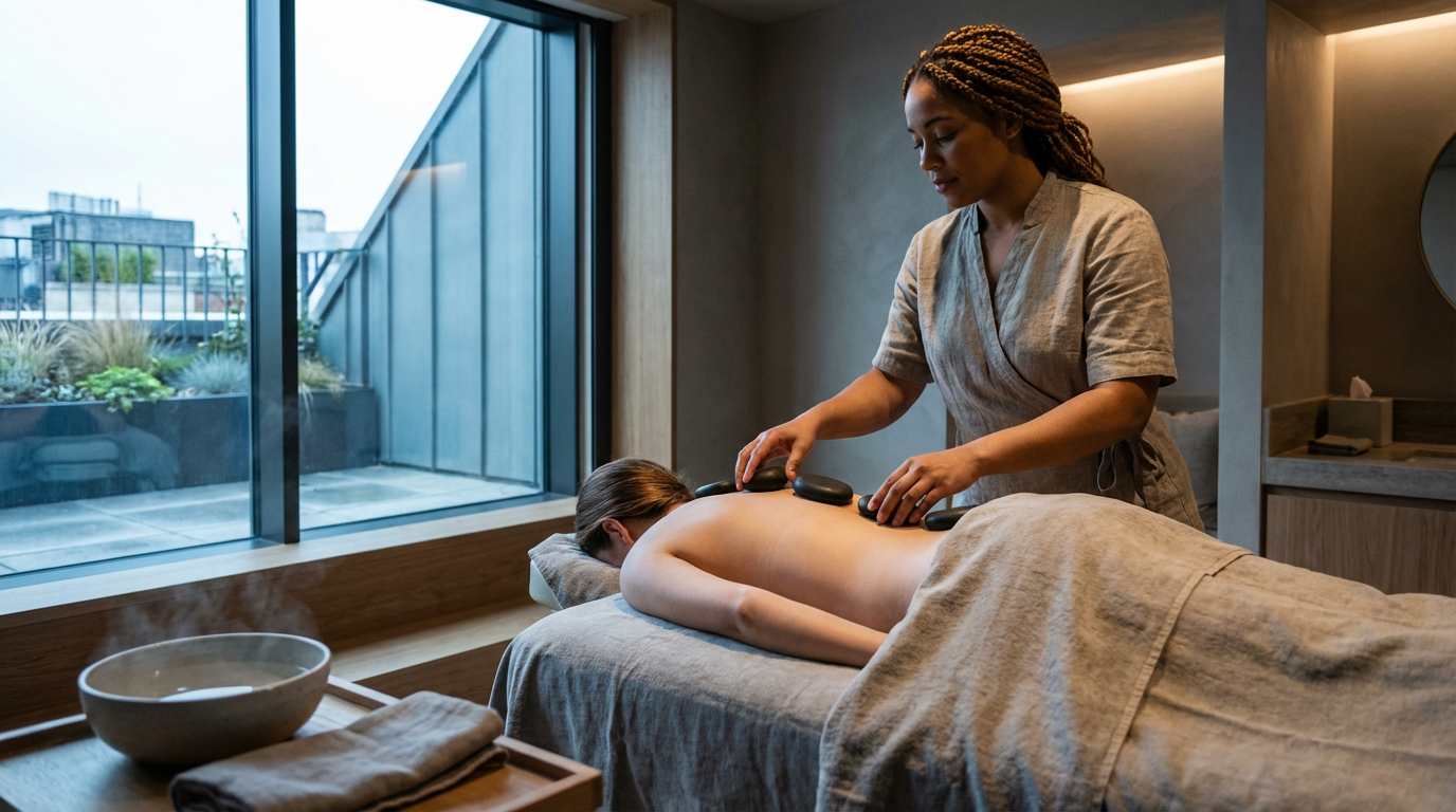 A woman receiving a hot stone massage in a spa room with a large window showing an outdoor patio.