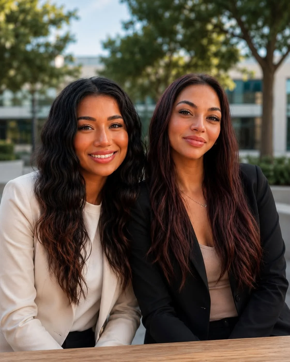 Two women sitting outdoors in a park-like setting, smiling at the camera. One has long, curly black hair and is wearing a white blazer; the other has long, wavy reddish-brown hair and is wearing a black blazer.