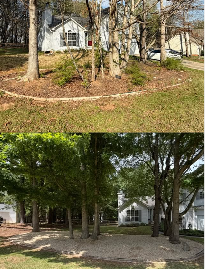 Front yard island transformation after clearing, cleanup, and installation of 3 tons of decorative stone.