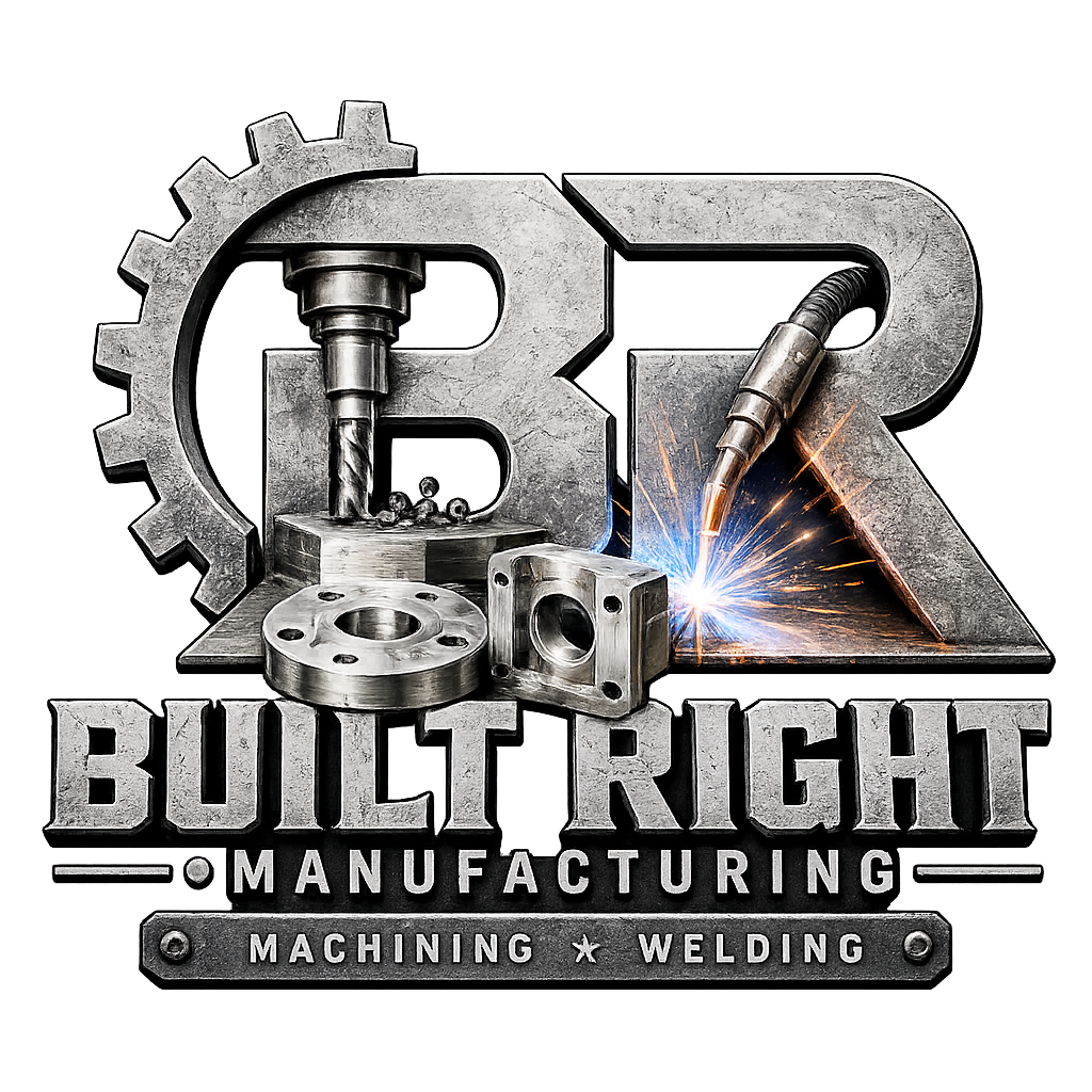 Metal logo for 'BuildRght Manufacturing' with gears, welding, and machining tools, including a welding torch and metal parts, on a black background.