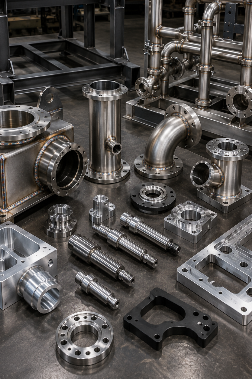 Various metal industrial pipes, fittings, and machine parts arranged on a work table.