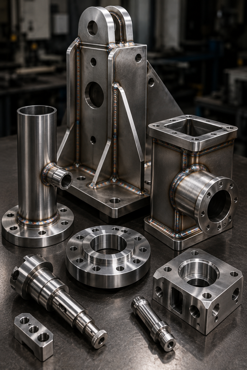Various machined metal parts and components, including cylinders, flanges, and box-shaped structures, on a workbench in a manufacturing or machining workshop.