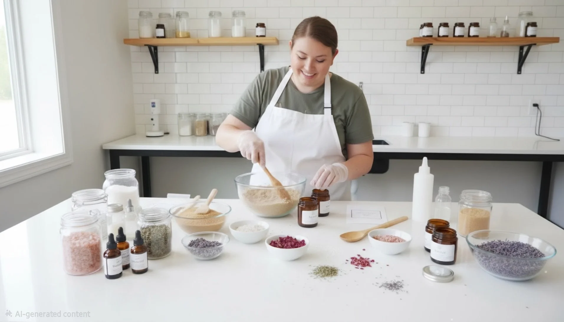 A woman in a white apron and gloves preparing ingredients in a glass bowl at a kitchen table. The table is filled with various jars of colorful powders, dried herbs, and bottles of essential oils or extracts used for making bath bombs or similar craft products.