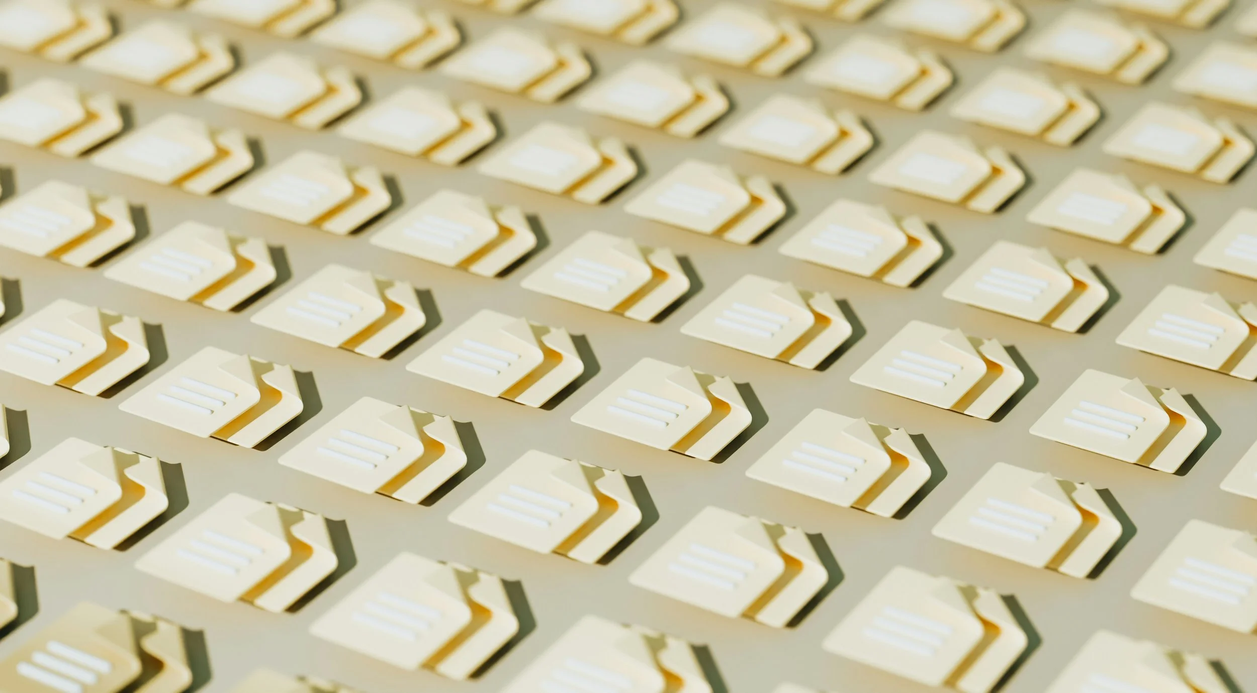 Multiple beige SIM cards with white stripes, arranged in neat rows on a light-colored surface.