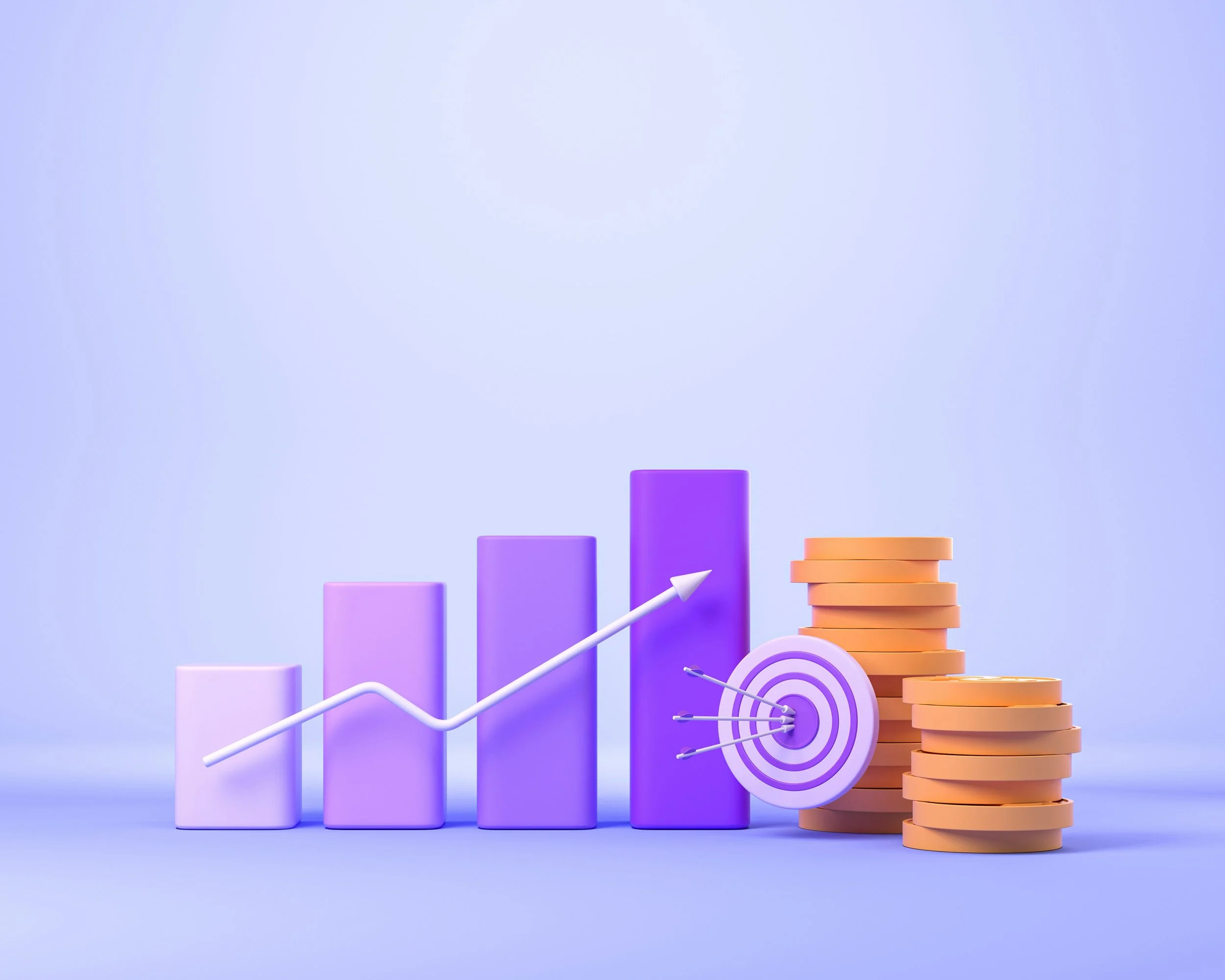Colorful bar graph with purple and orange bars, rising in height from left to right, with a target symbol and arrows hitting the bullseye, against a light blue background.