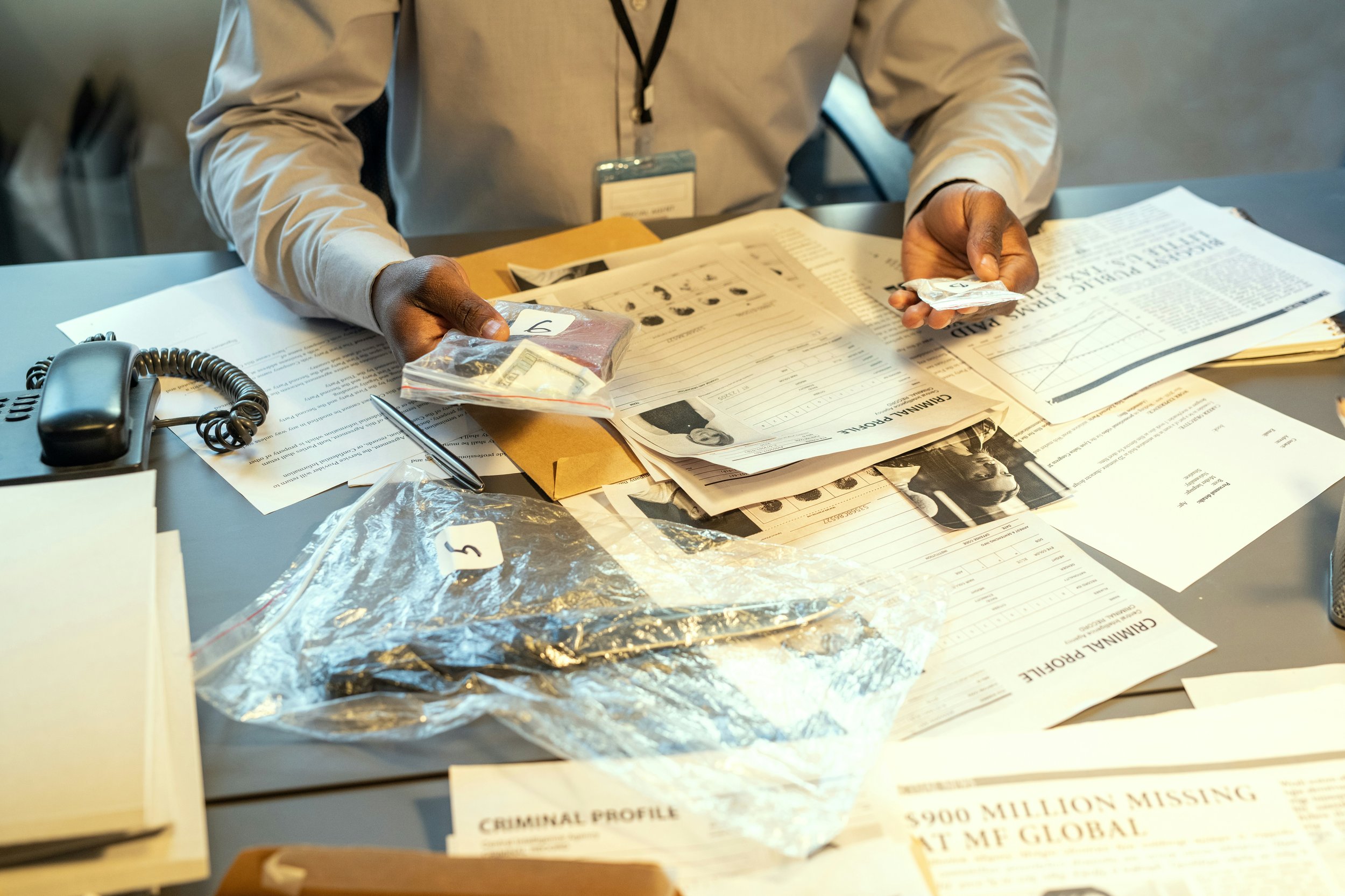 Detective in a white shirt examining a phone, stack of documents, and plastic evidence bags on a cluttered table.