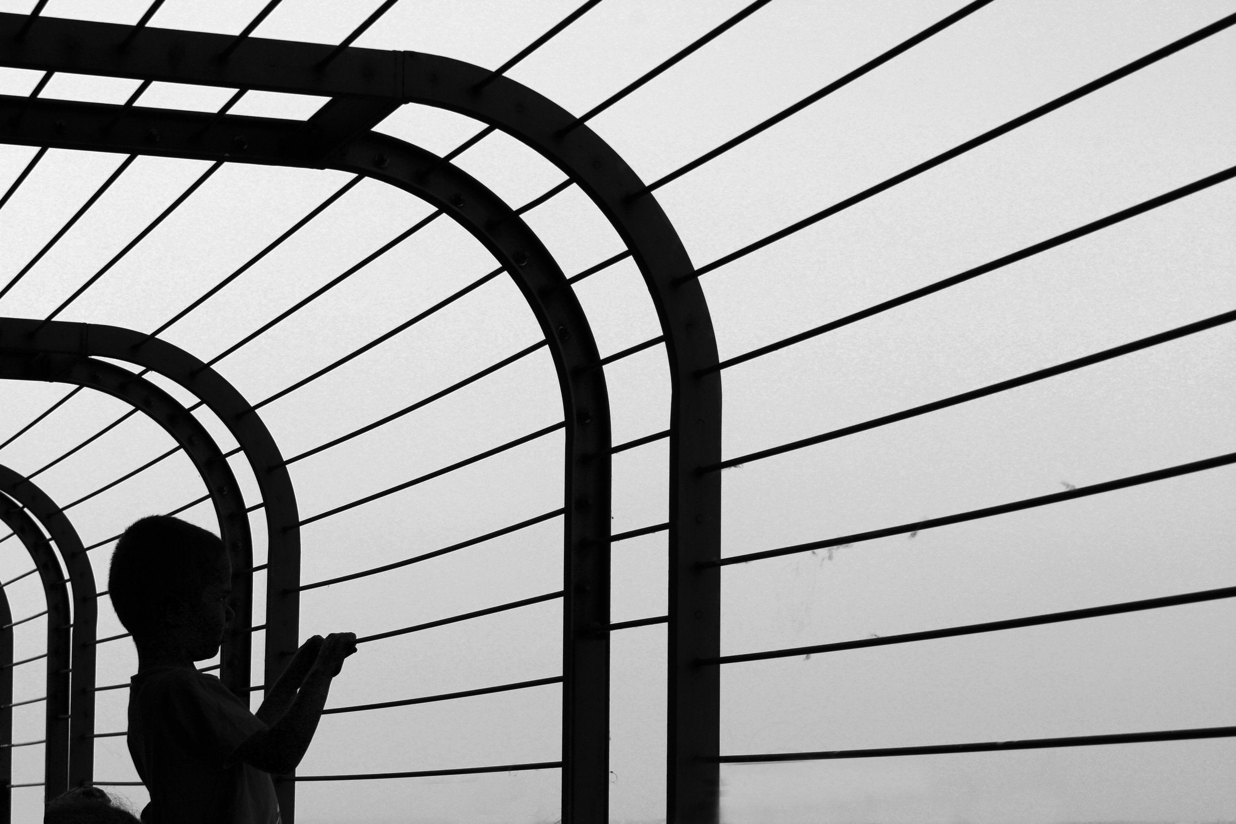 Children silhouetted behind a circular wire structure against an overcast sky