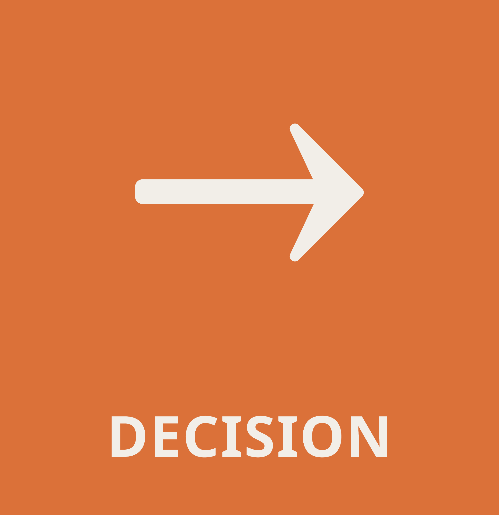 A large orange sign with a white arrow pointing to the right and the words 'DECISION' partially visible at the bottom.