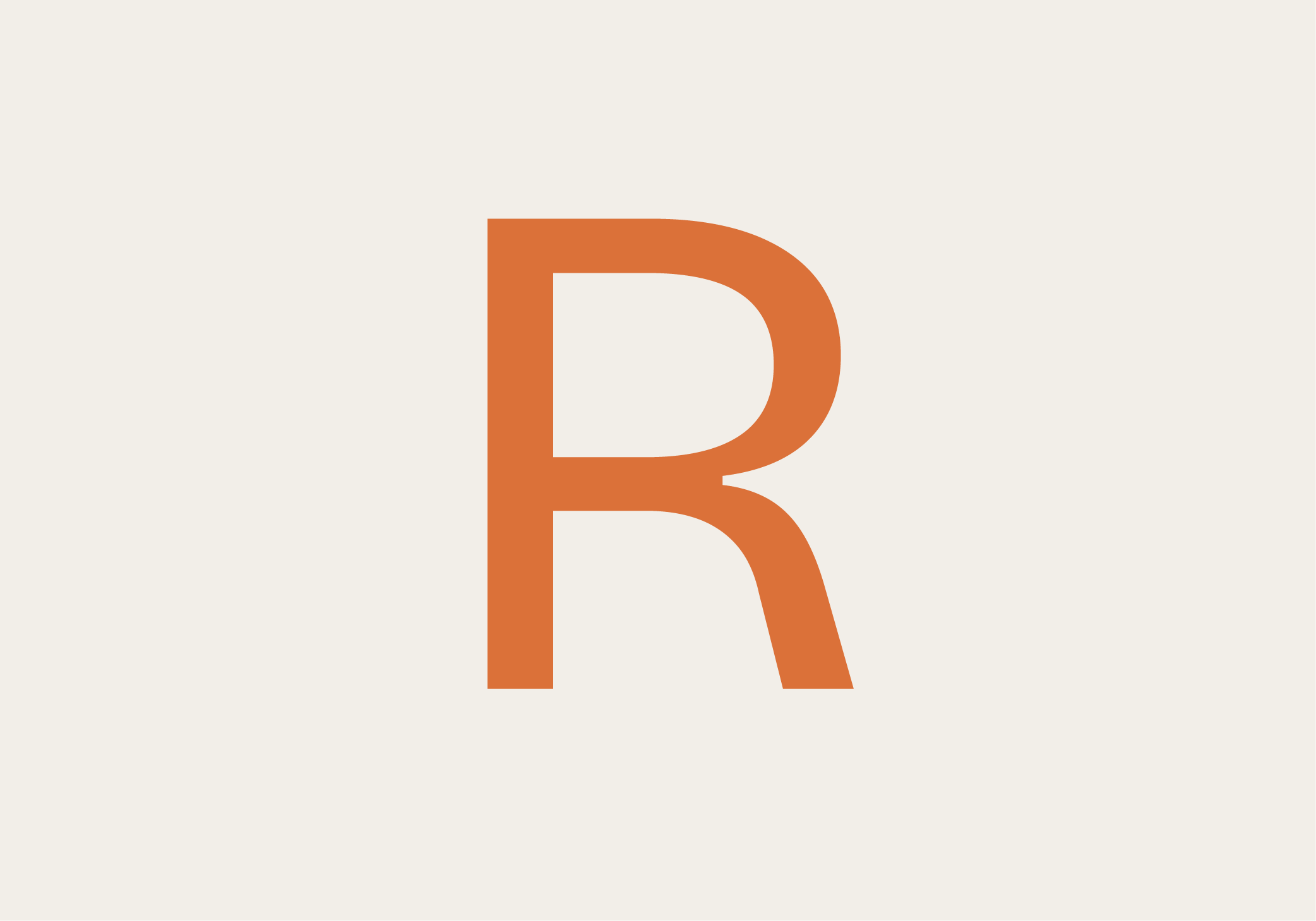 Close-up of a large, stylized letter R in orange on a light background.