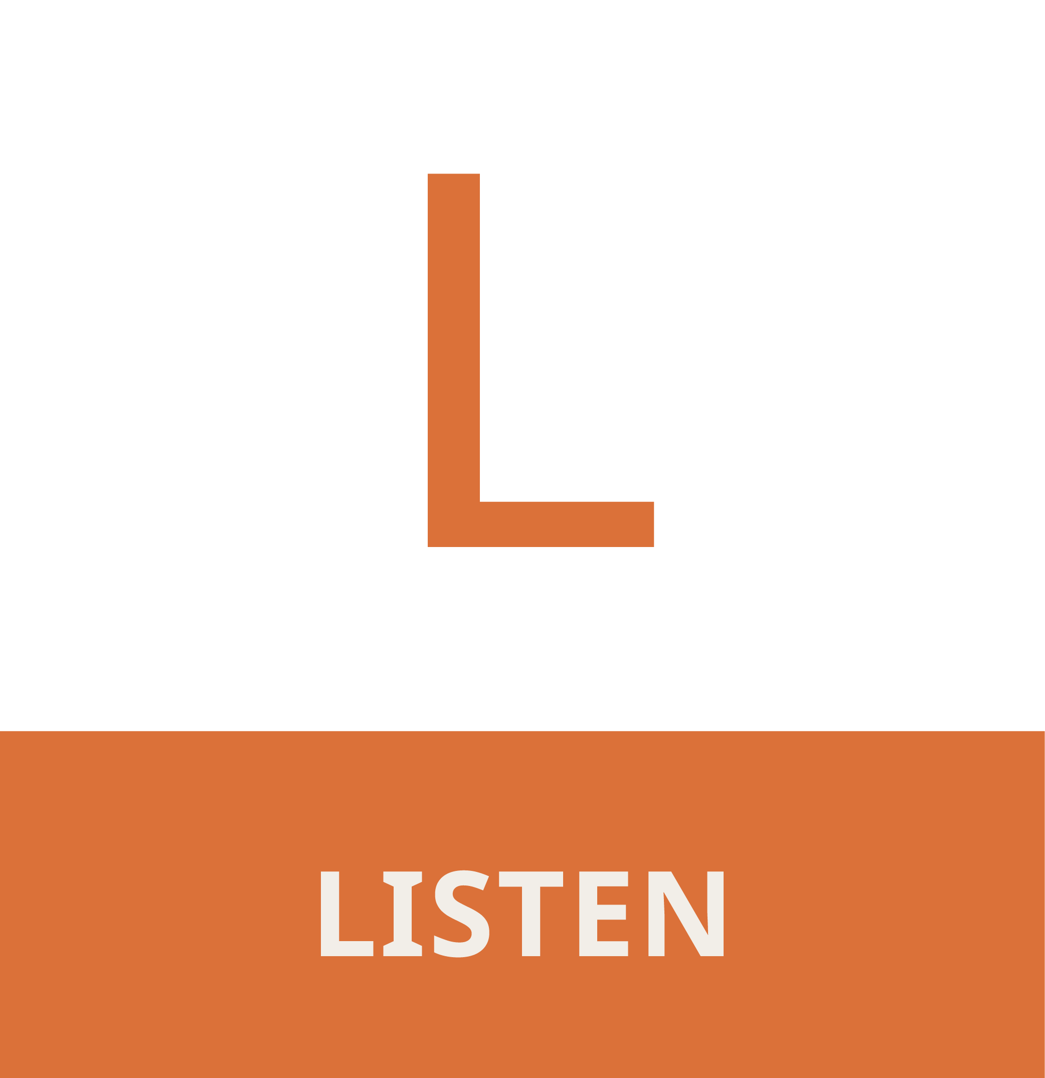 Text on orange background reads 'LISTEN' with white uppercase letters at the bottom.