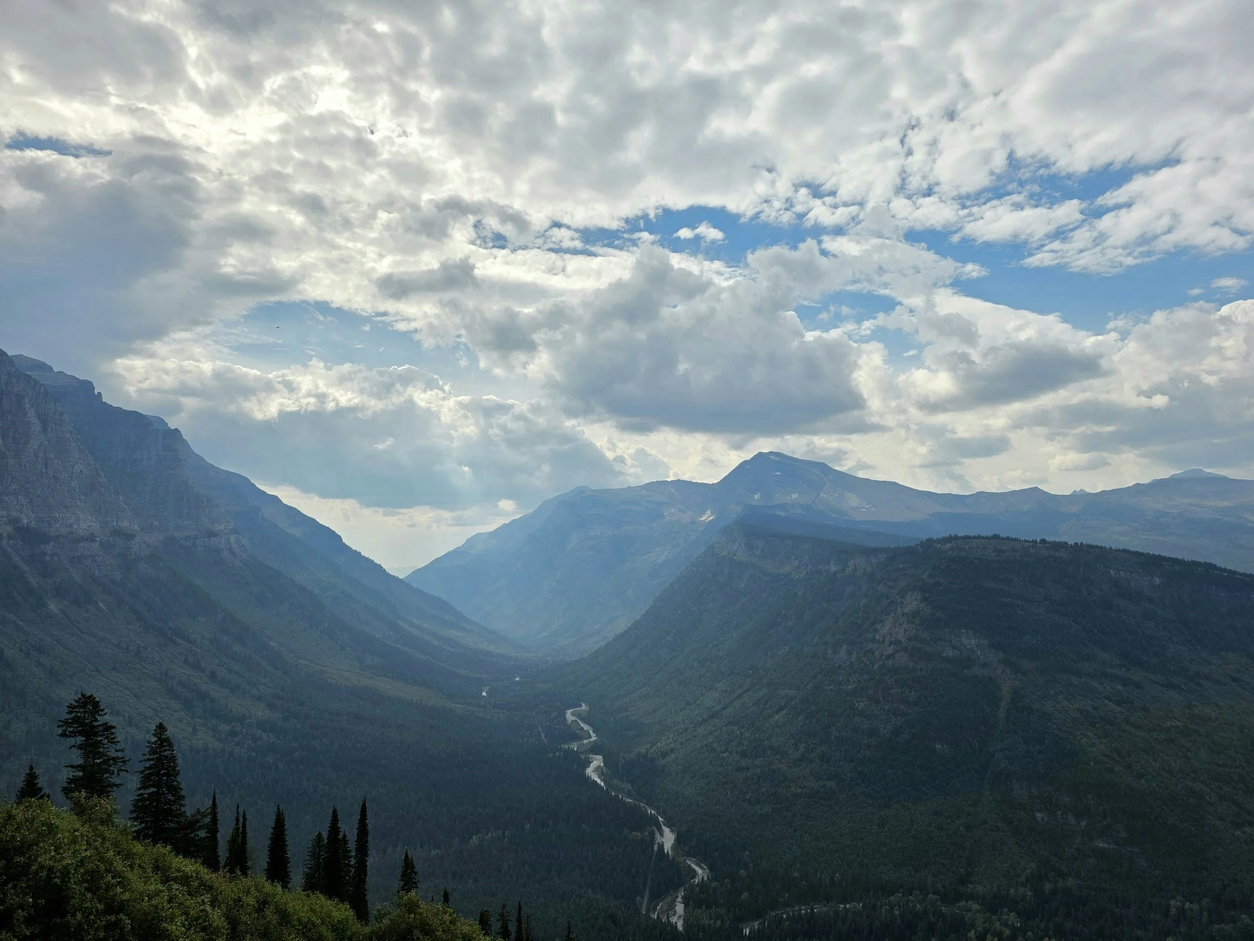A panoramic view of a mountain valley with lush green trees, a winding river, and snow-capped mountains under a cloudy sky.
