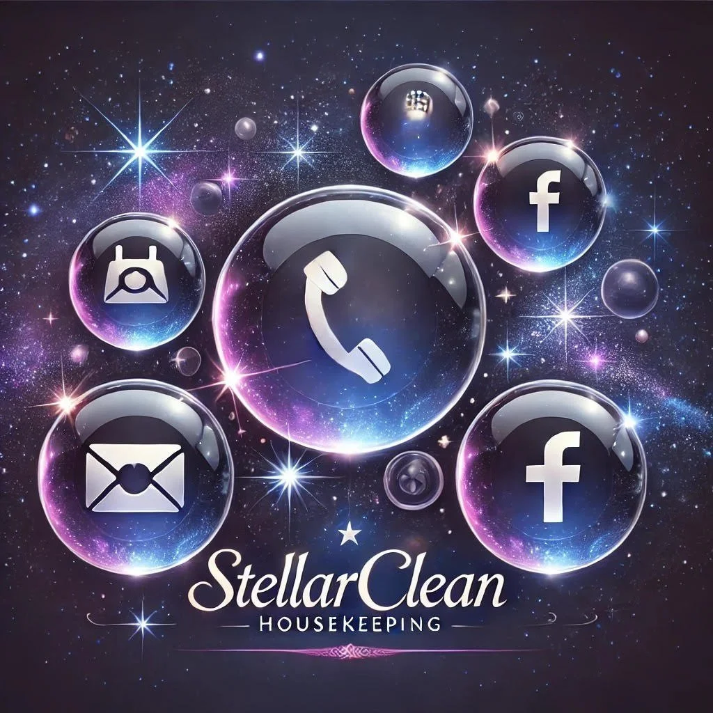 An artistic digital image featuring floating icons of a phone, email, Facebook, and other social media symbols set against a starry cosmic background with bright stars and nebulae. The text "StellarClean HOUSEKEEPING" is at the bottom.