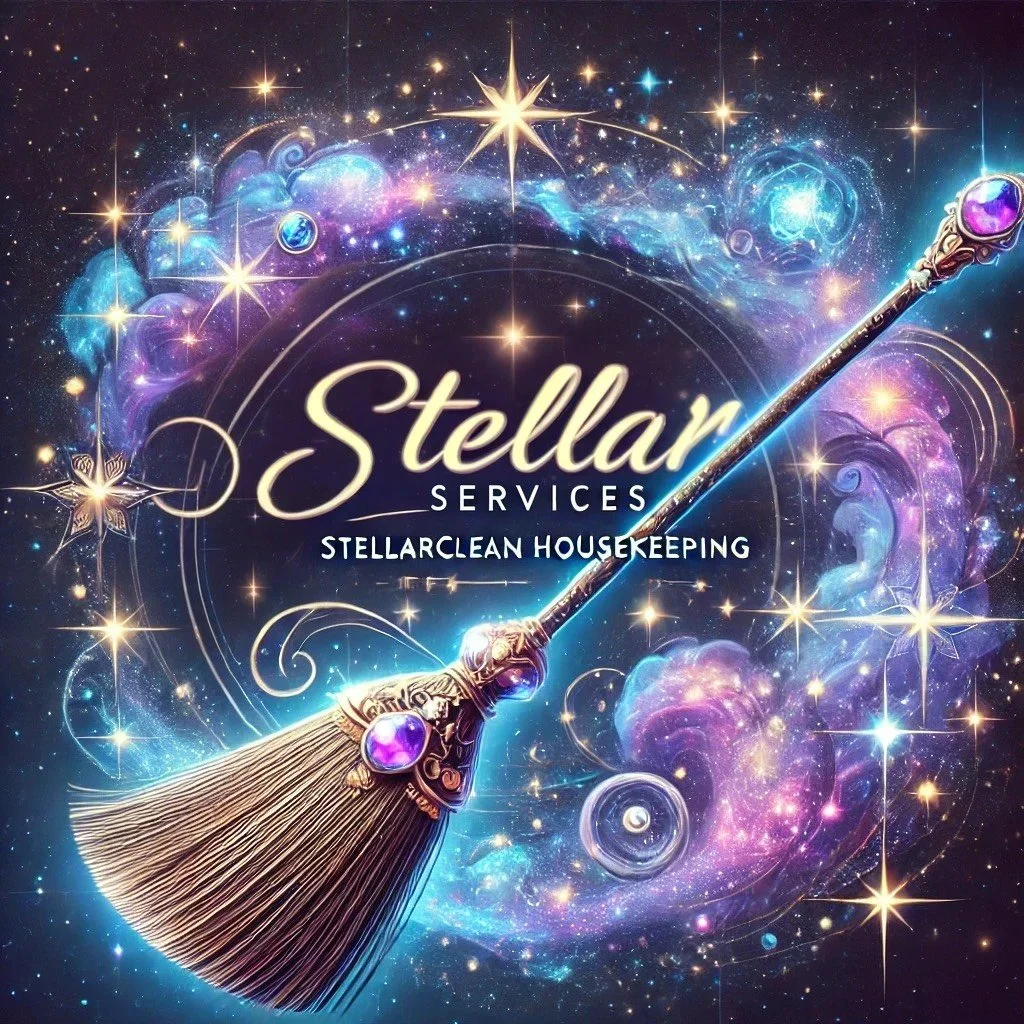 Magical space-themed logo for Stellar Services Housekeeping featuring a broom with a jewel handle, surrounded by stars, galaxies, and cosmic elements.
