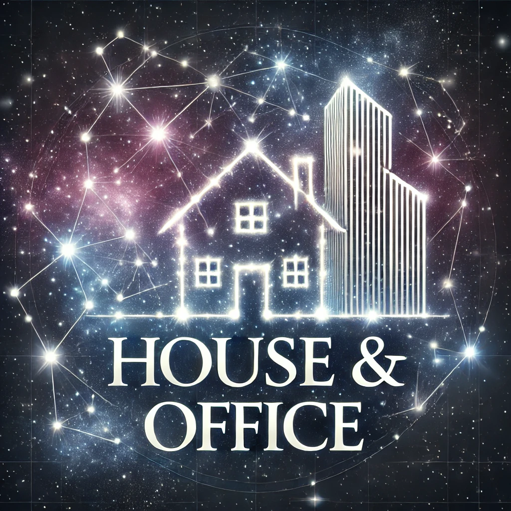 Illustration of a house and tall office building outlined with bright white lines against a starry galaxy background, with the text 'House & Office' below.