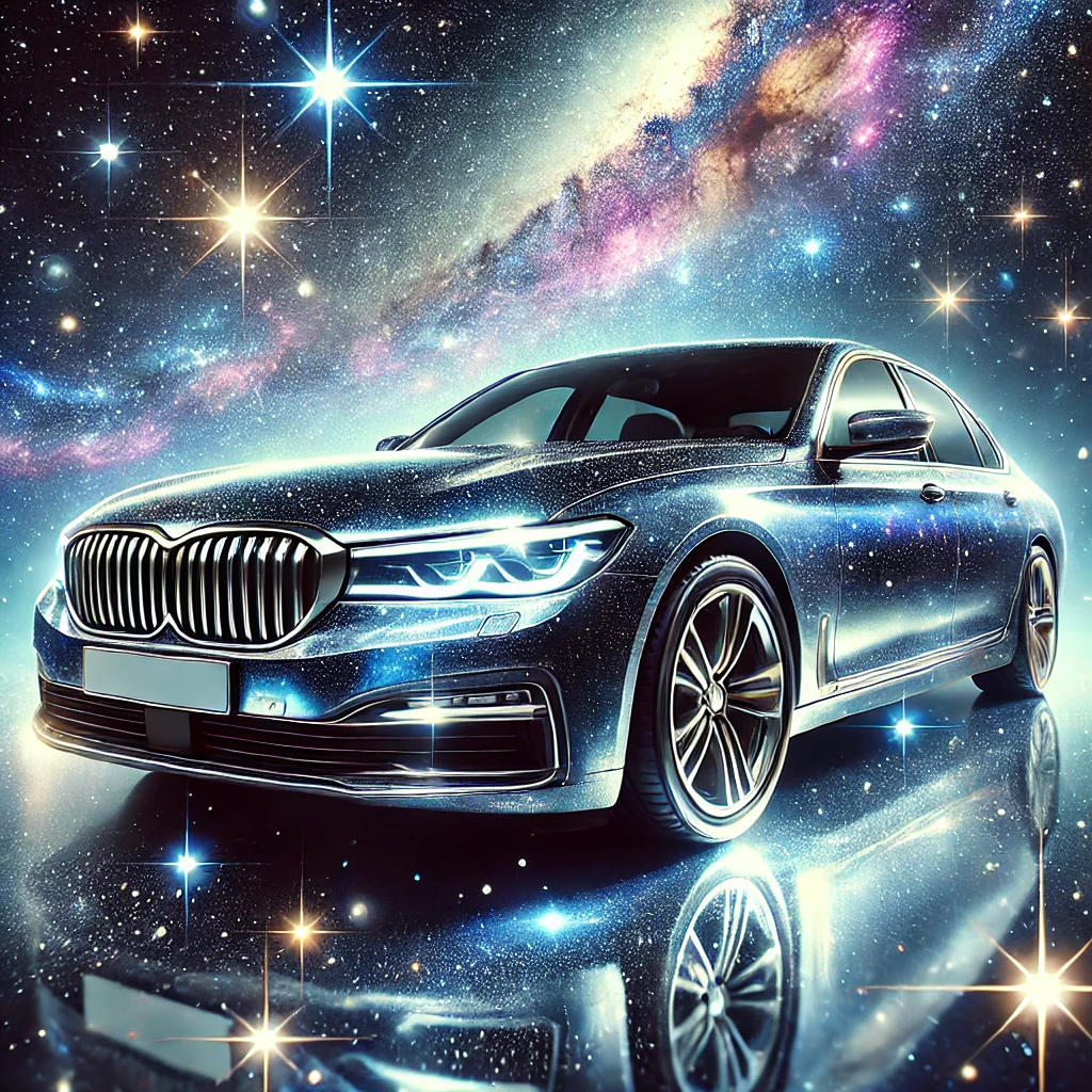 A luxury car with a galaxy and starry sky design on its surface, reflecting stars and cosmic scene, set against a cosmic background.
