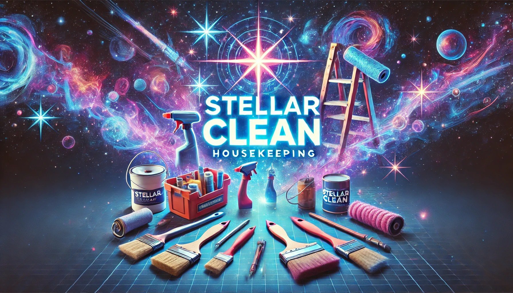 A creative space-themed cleaning and housework illustration with cleaning supplies, brushes, and tools arranged in front of a colorful galaxy background featuring stars and cosmic elements. The central text reads "Stellar Clean Housekeeping," with a ladder and paint roller as part of the visual layout.