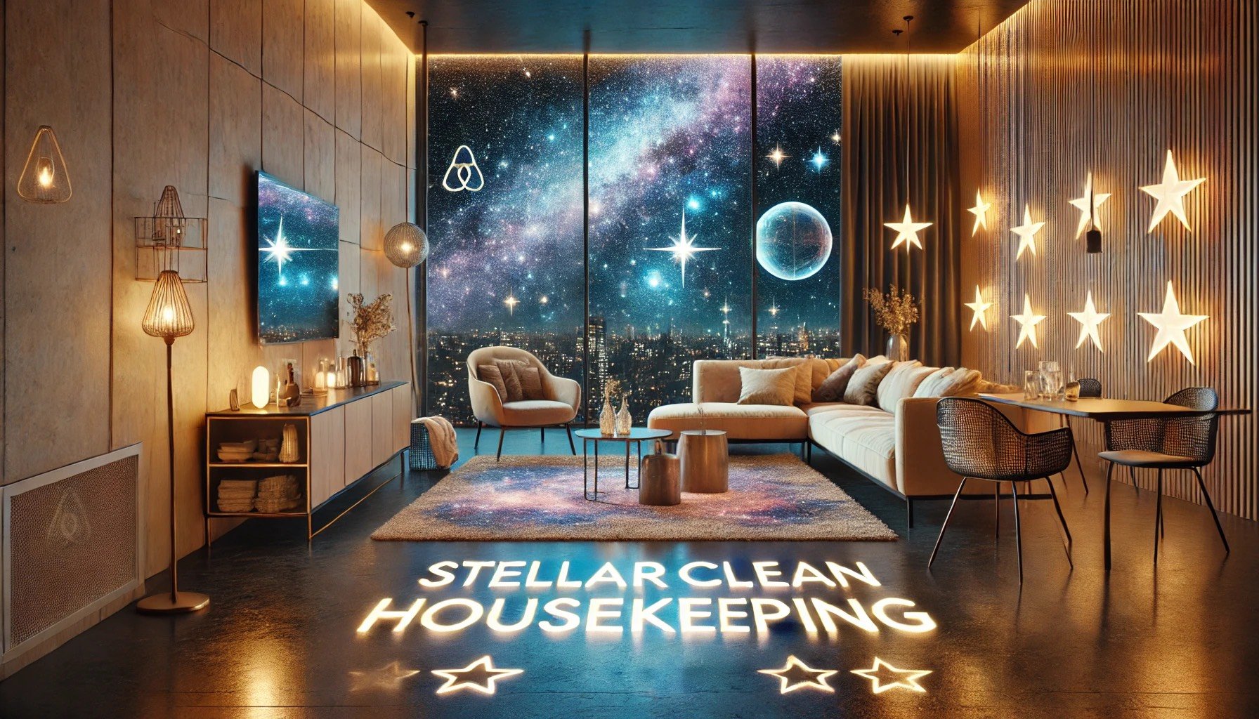 Modern living room with galaxy-themed mural wall and star-shaped light fixtures, illuminated by warm lighting, with a white sectional sofa, armchair, coffee tables, and a flat-screen TV.