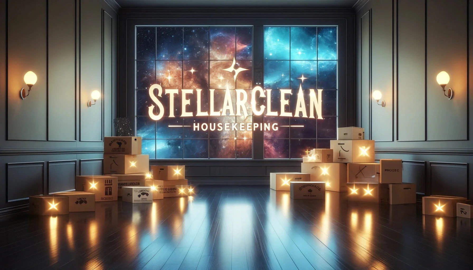 A room with dark wooden floors and paneled walls featuring wall sconces with glowing bulbs. Large boxes with lights on are arranged on the floor. A large window or screen displays a colorful galaxy background with the text 'STELLAR CLEAN HOUSEKEEPING' in glowing letters.