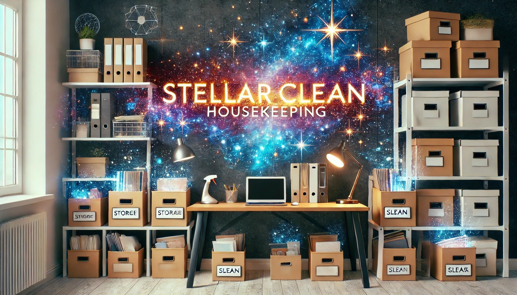 Home office with a galaxy-themed wall featuring the words 'STELLAR CLEAN HOUSEKEEPING' illuminated in neon, surrounded by storage shelves with labeled boxes and binders, a desk with a laptop and desk lamps, and various organized office supplies.