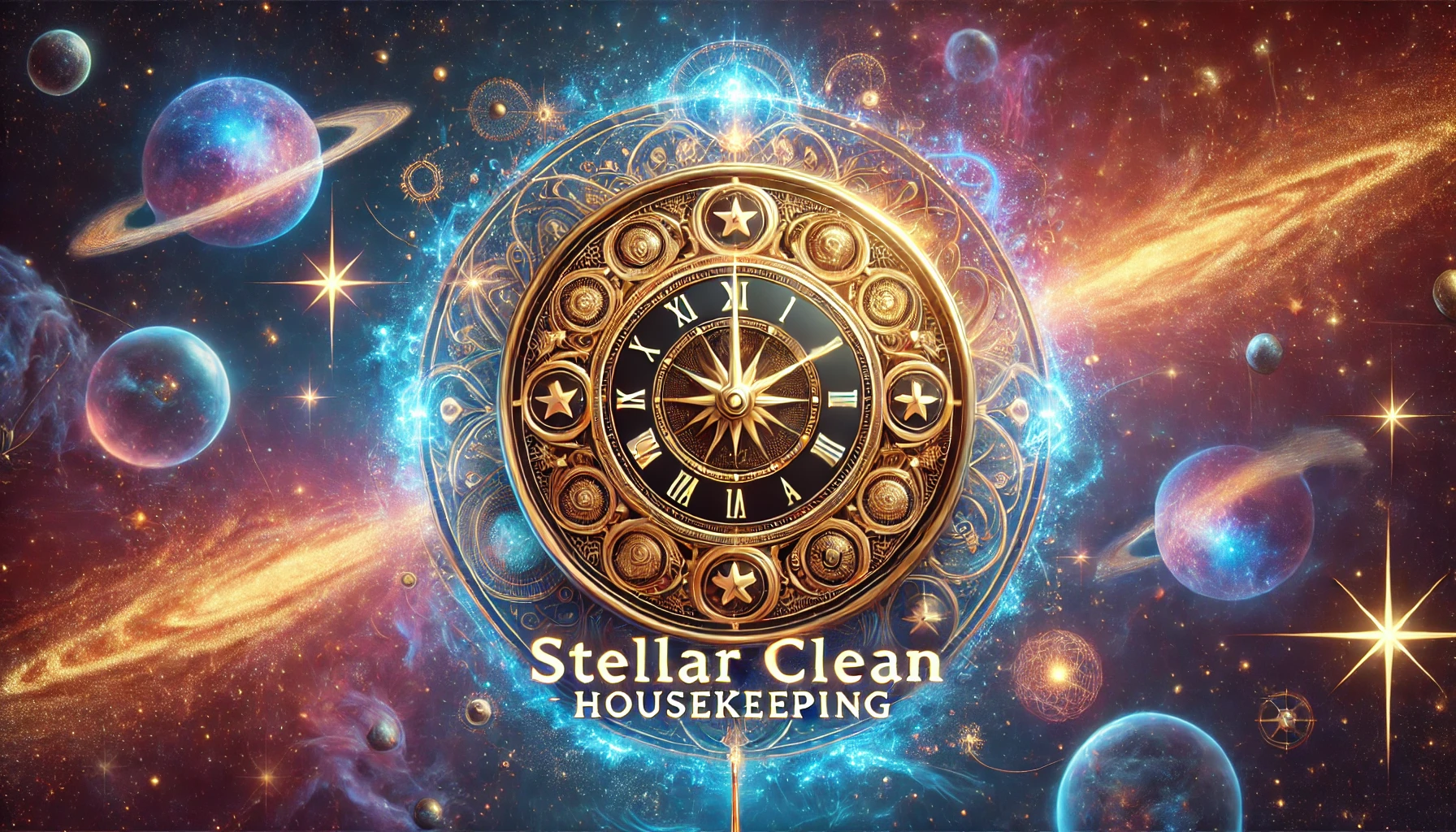 A cosmic scene with planets, stars, and nebulae featuring a large ornate golden clock in the center, with the text 'Stellar Clean HOUSEKEEPING' at the bottom.