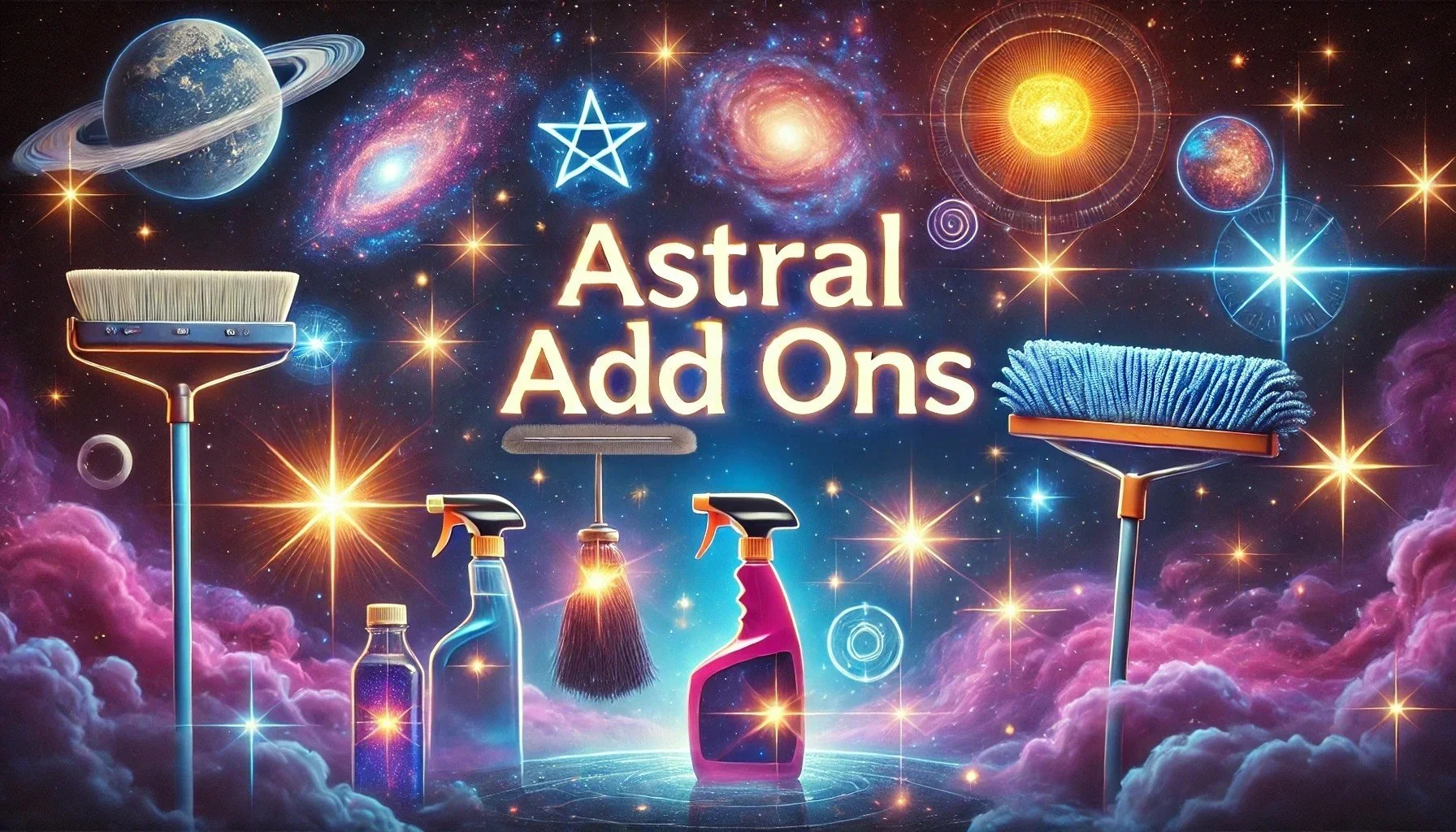 A space-themed graphic titled 'Astral Add Ons' featuring cleaning tools, including a broom, spray bottle, duster, and mop, set against a cosmic background with stars, planets, and galaxies.