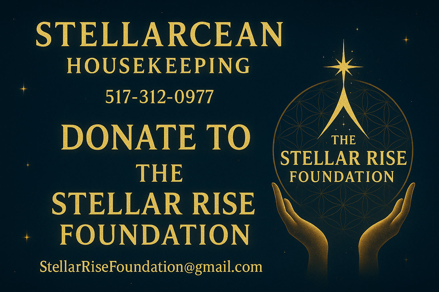 A digital graphic promoting donations to the Stellar Rise Foundation, featuring golden text on a dark blue background. The text includes the foundation's name, phone number, email address, and a logo with a stylized star and open hands.
