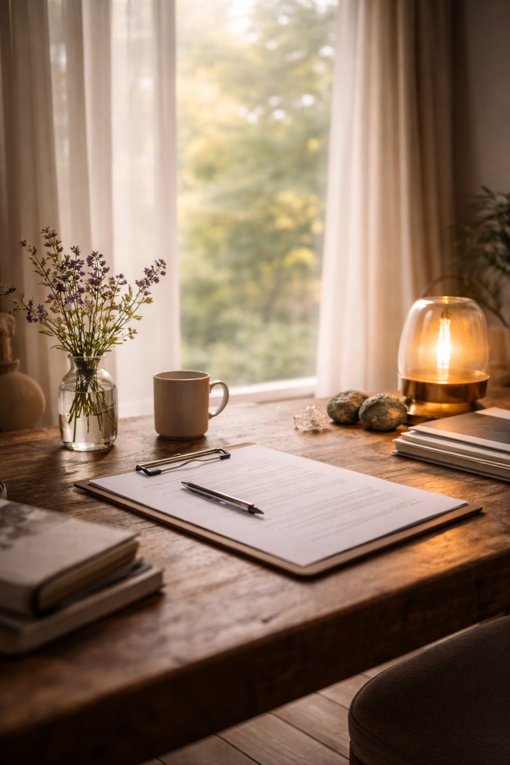 A cozy wooden desk illuminated by a warm lamp, with a vase of flowers, a coffee mug, papers, a pen, rocks, and books near a window with sheer curtains, overlooking greenery.