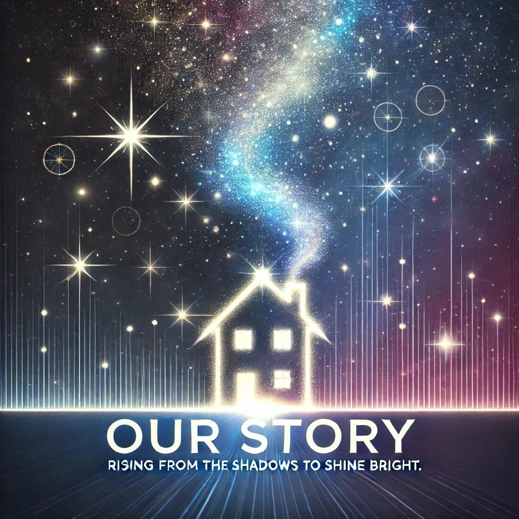 A glowing outline of a house set against a starry galaxy background with sparkles and light lines, featuring the text "Our Story: Rising from the Shadows to Shine Bright."