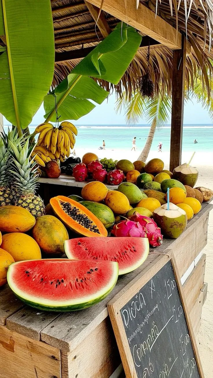 Une étale de fruits tropicaux devant une plage avec des parasols en palmiers et la mer en arrière-plan.
