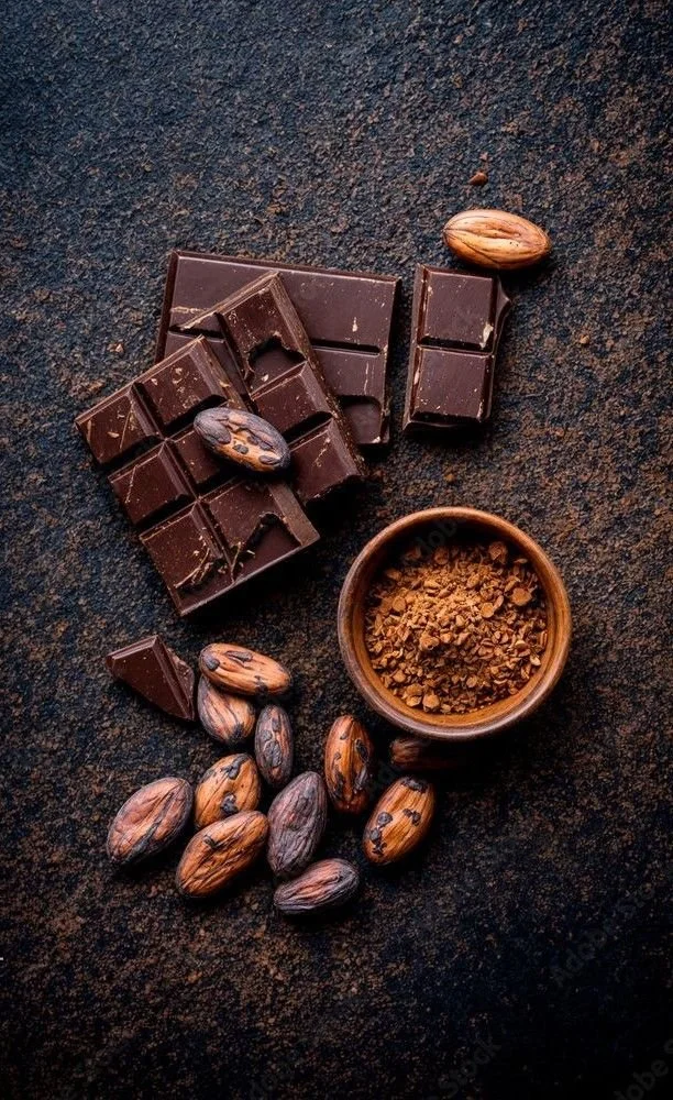 Tablette de chocolat, cacao en poudre, et fèves de cacao sur une surface sombre représentant le chocolat suisse