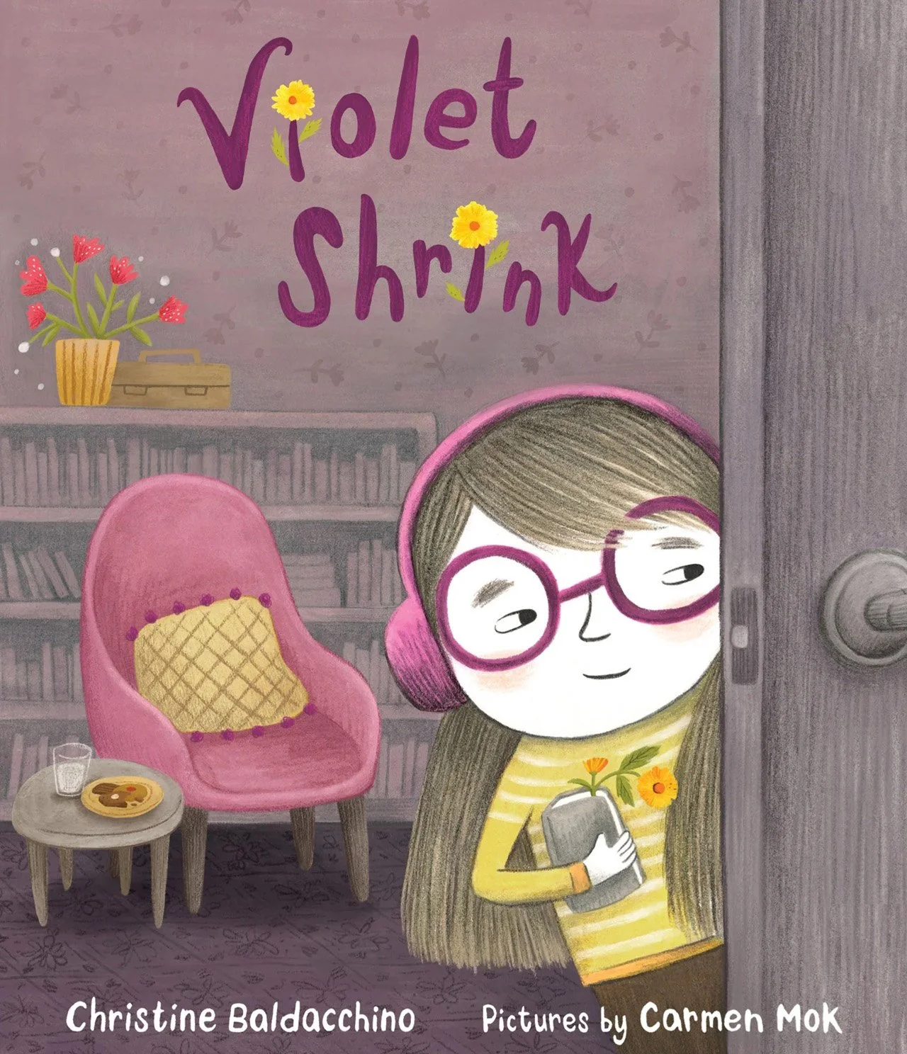 Book cover of Violet Shrink by Christine Baldacchino, illustrated by Carmen Mok.