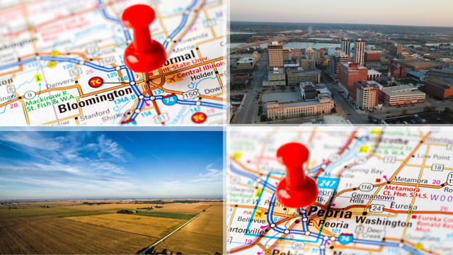 Collage of four images showing maps and aerial views of Bloomington and Peoria in Illinois, with red pushpins marking locations.