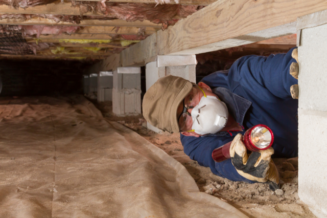 A person working inside a crawl space, wearing a protective mask, gloves, a hat, and glasses, examining or working on a wooden beam or support.
