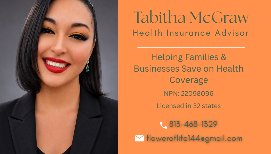 Business card featuring portrait of Tabitha McGraw, a health insurance advisor, with contact information and company details.
