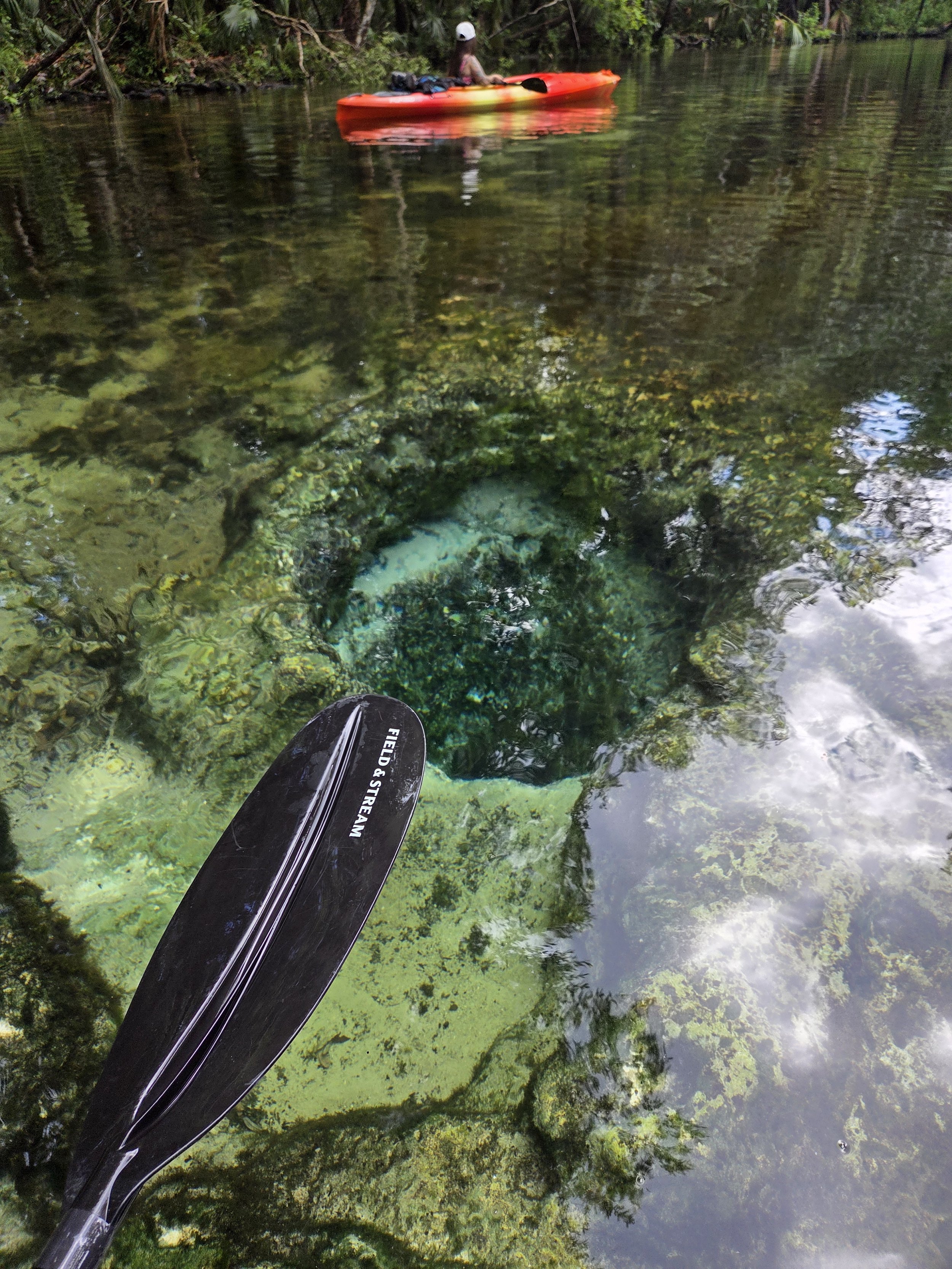 A person kayaking on a clear, green river with underwater rocks and vegetation visible, surrounded by trees.