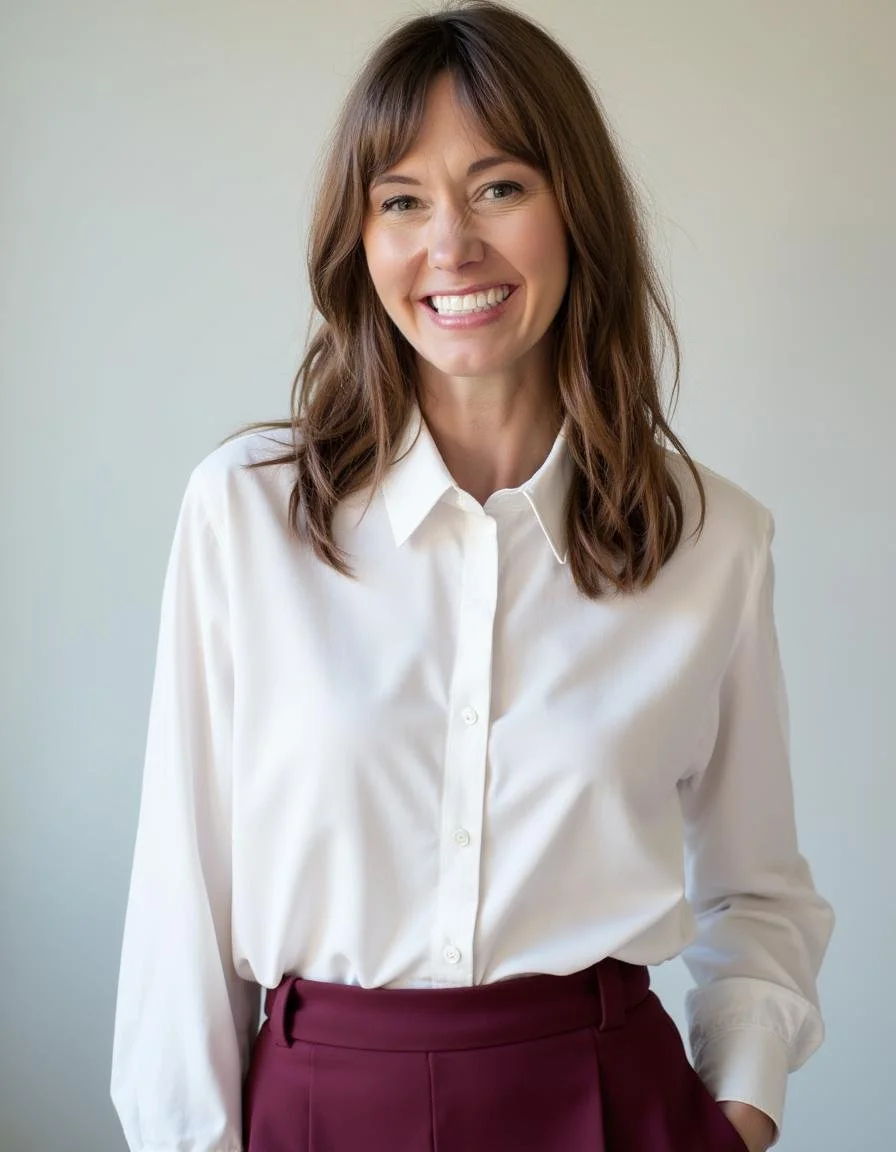 A woman with shoulder-length brown hair smiling, wearing a white button-up shirt and maroon pants