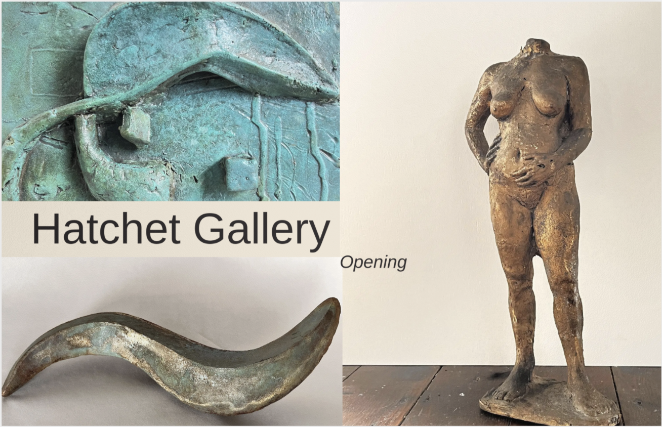A museum poster shows three sculptures: the top left with a close-up of a green patina metal sculpture of a hand with a leaf, the bottom left with a curved, weathered metal horn sculpture, and the right side featuring a bronze sculpture of a standing female figure with one hand on her hip and the other across her stomach.
