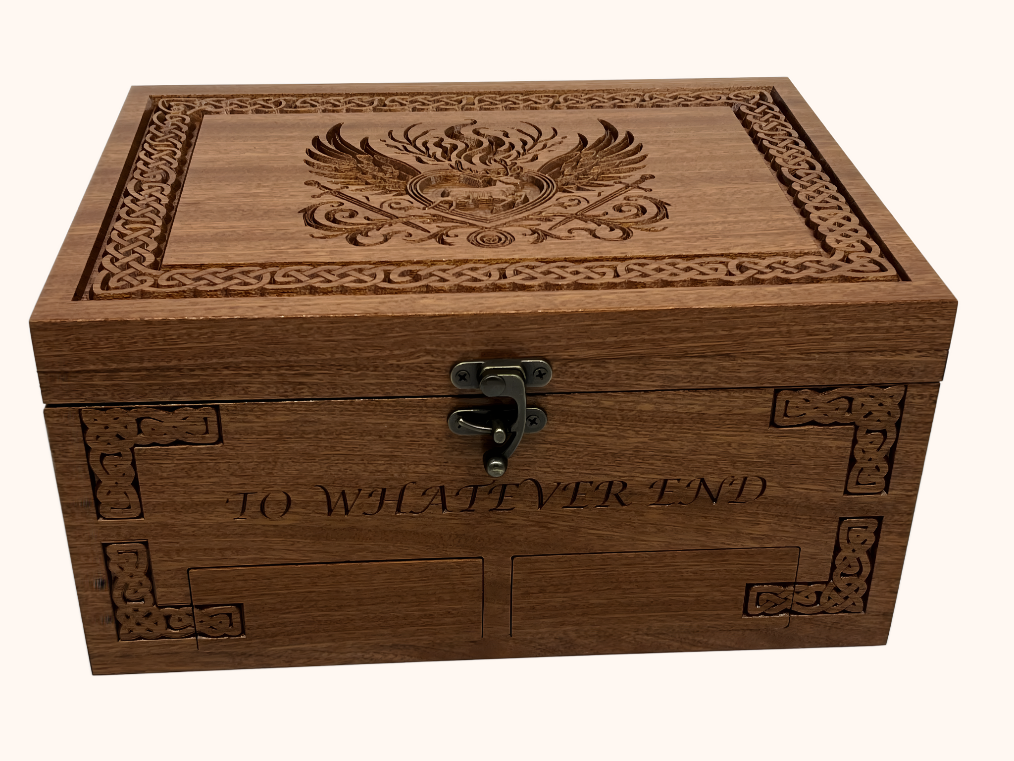 A wooden water end treasure chest with intricate Celtic knot designs engraved on the top and sides, featuring a metal latch and lock.