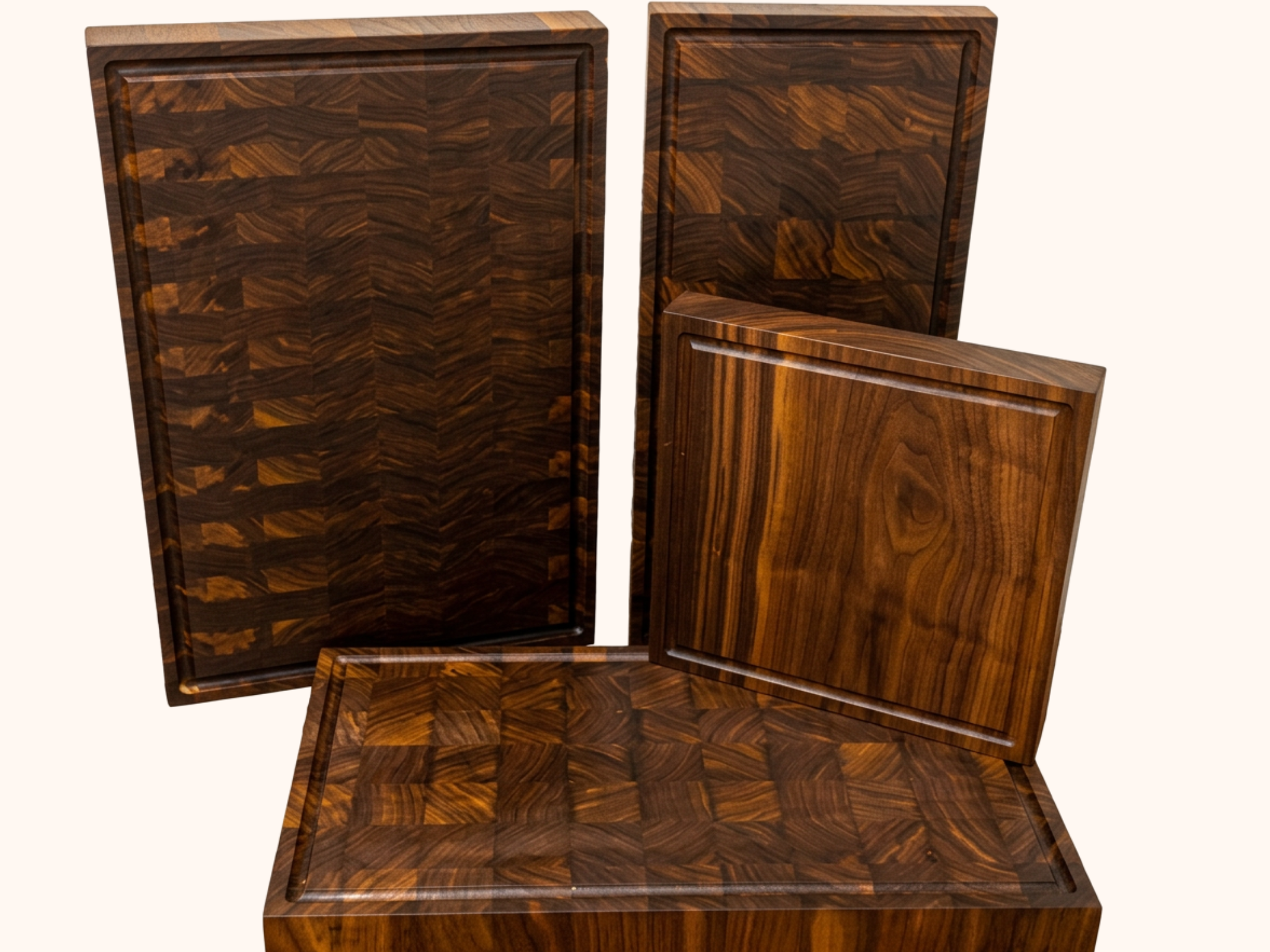 Wooden cutting boards with intricate grain patterns, all sizes and patterns.