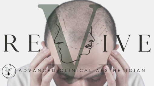 Close-up of a man's bald head with hands on temples, overlaid with the word 'REVISE' and a large 'V' in the center, and the text 'Advanced Clinical Aesthetician' at the bottom.