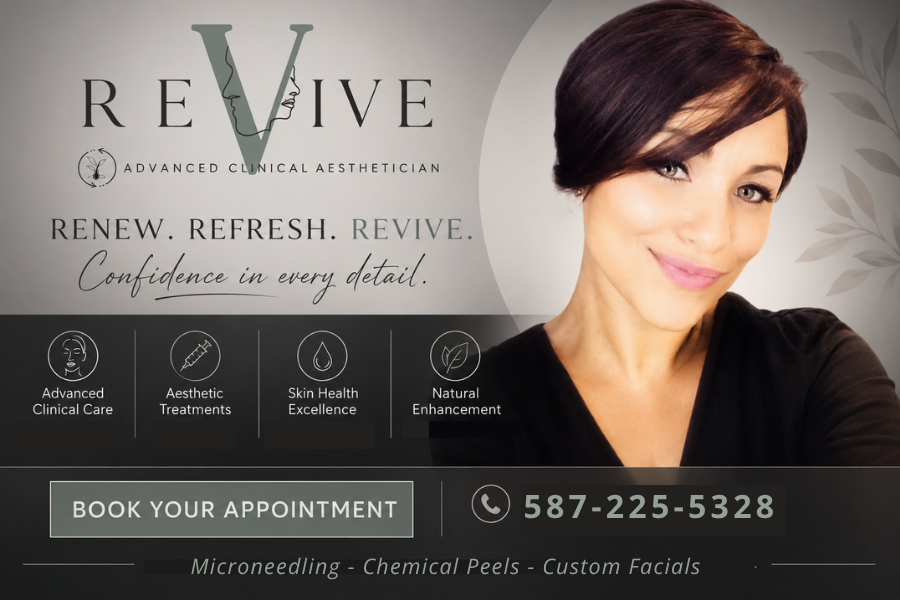 Natasha Greve Expert estetician  smiling for a selfie in front of a promotional sign for Revival, an advanced clinical aesthetic clinic.  services like microneedling, chemical peels, and custom facials, and includes contact information and a booking