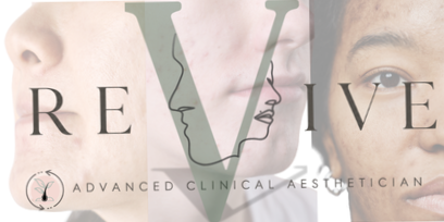 Close-up of three women's faces with a large letter V in the center and the word "REVIVE" above it, indicating a beauty or skincare brand, with "Advanced Clinical Aesthetician" written below.