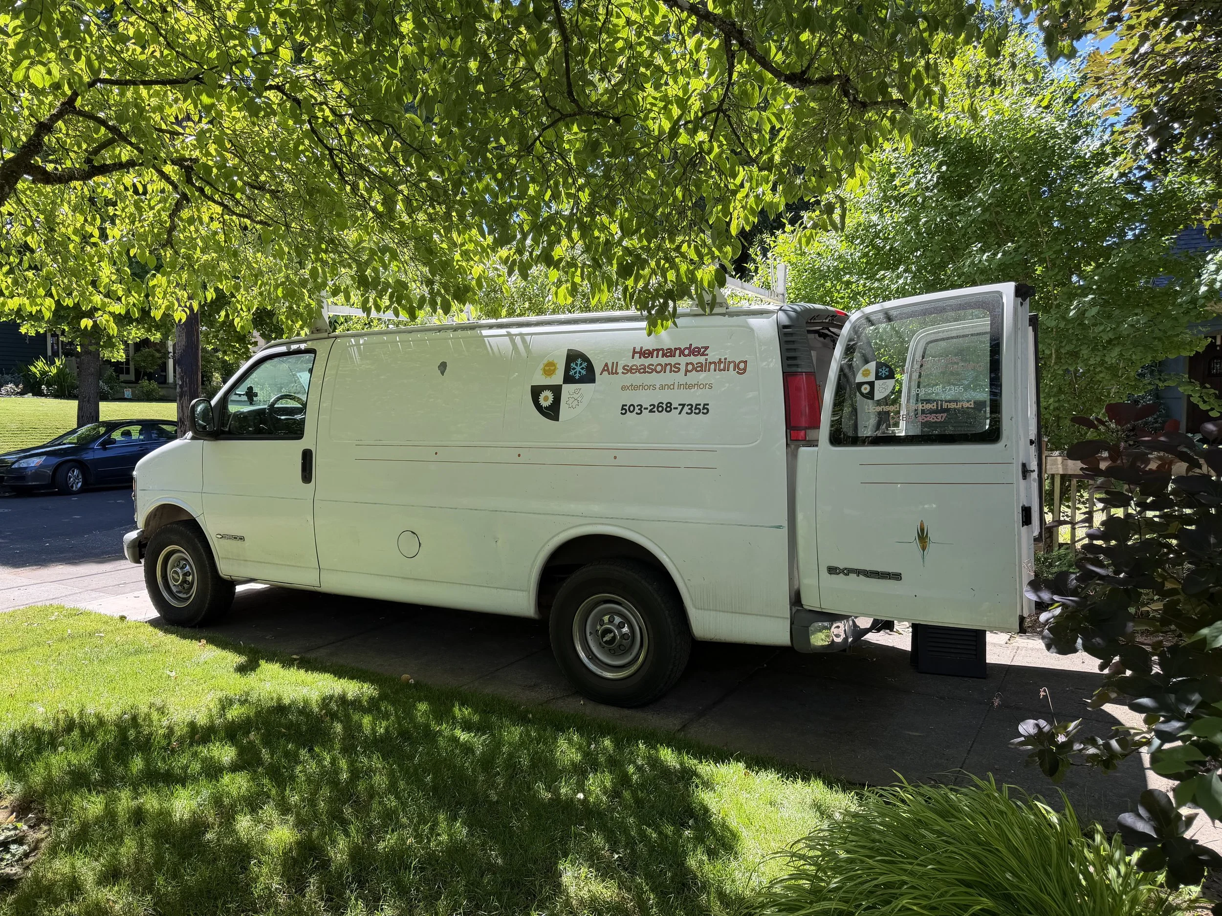 A white business van parked on a street beneath a large leafy tree, with a car parked nearby and a lawn in the background.
