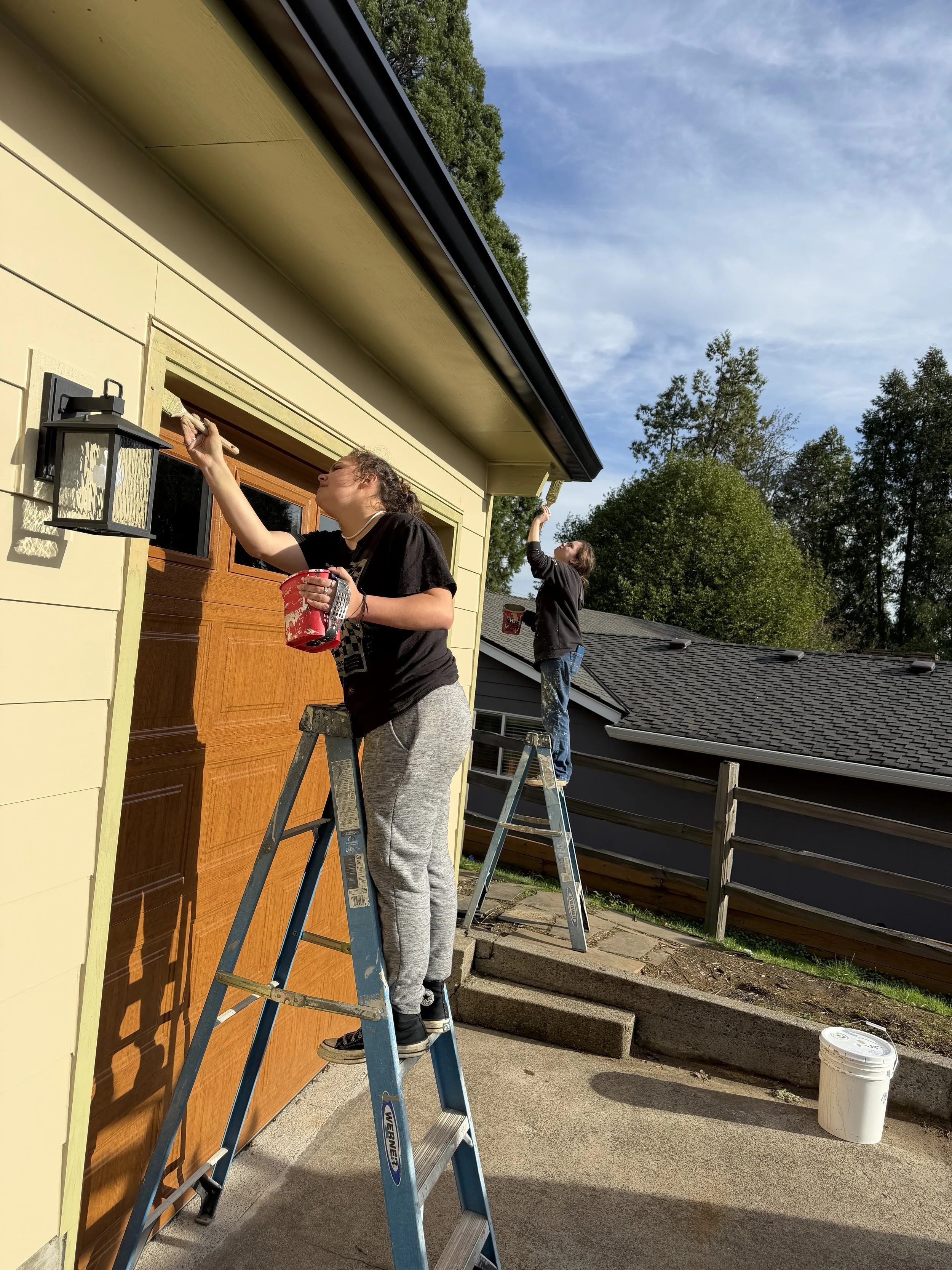 Two women painting the exterior of a house, standing on ladders near a yellow wall and brown garage door, with blue sky and green trees in the background.
