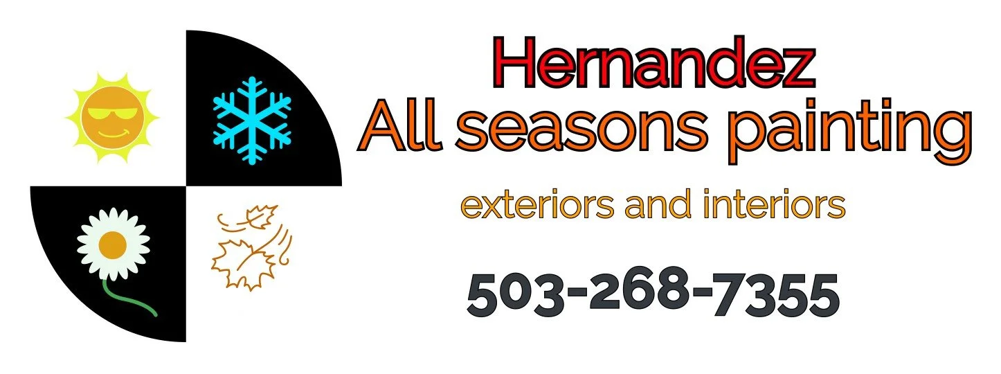 Business card for Hernandez All Seasons Painting featuring icons representing sun, snowflake, daisy, and fallen leaves. Contact phone number 503-268-7355.